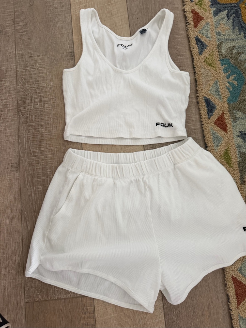 French Connection White Ribbed Lounge Tank & Shorts